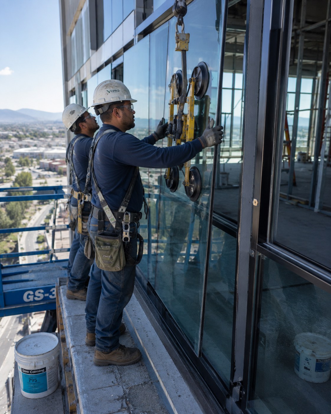 Glaziers setting a curtain wall glass unit with a vacuum lifter