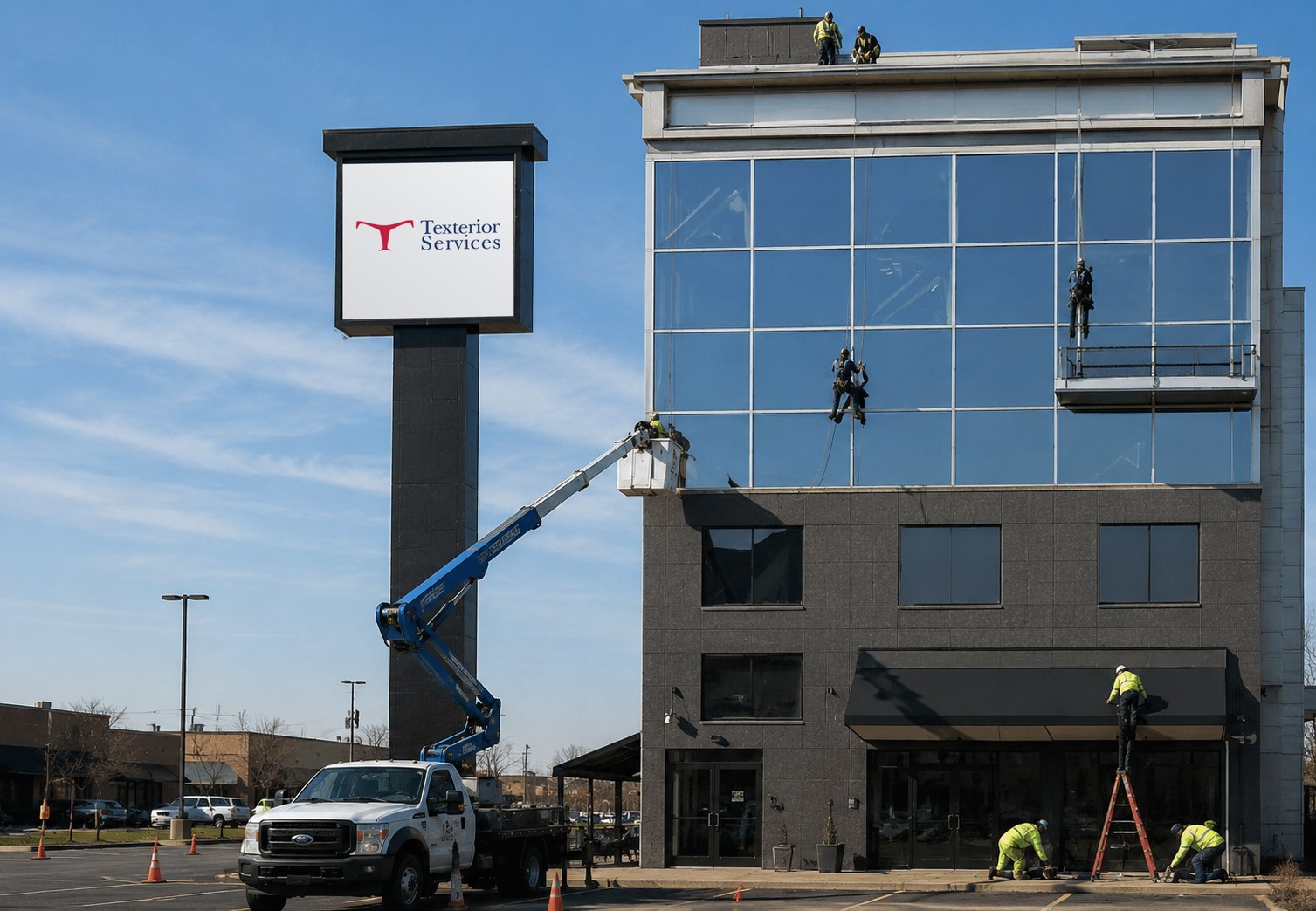 Texterior crews working on a commercial building exterior: rope access on the glass, a boom lift, roof work, and awning installation