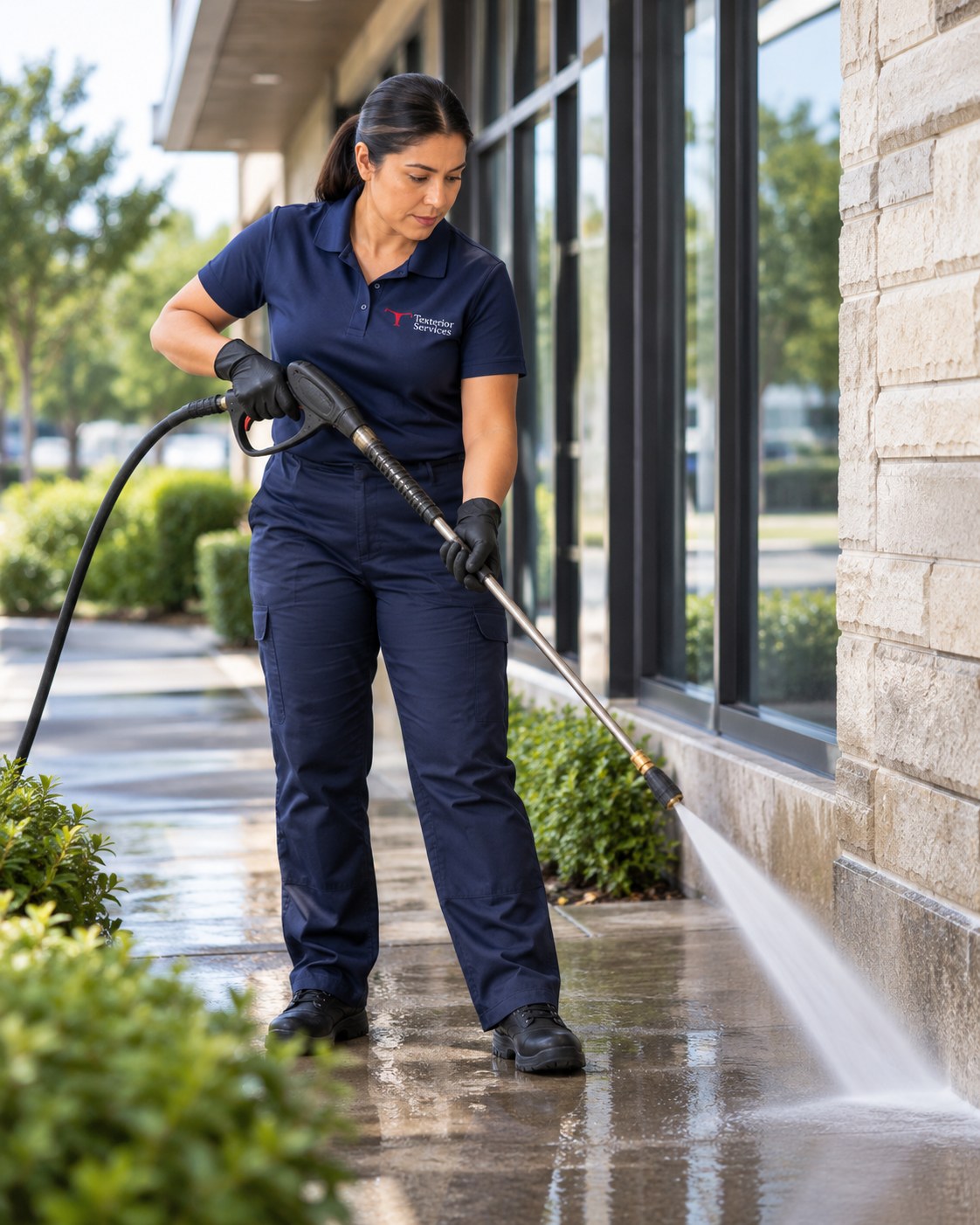 Texterior Services technician pressure washing the stone base and concrete walkway along a commercial storefront