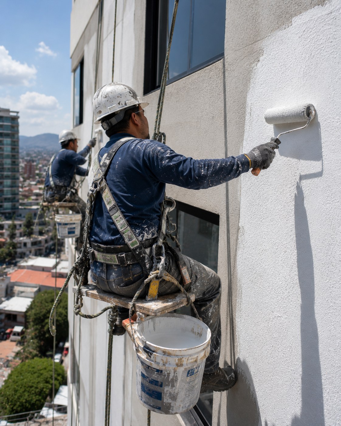 Painters on suspended seats rolling coating onto a high-rise stucco facade