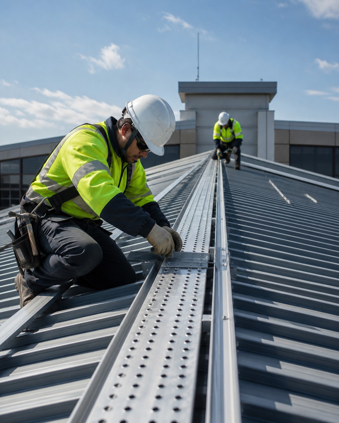 Roofers fastening standing-seam metal roof panels on a commercial building