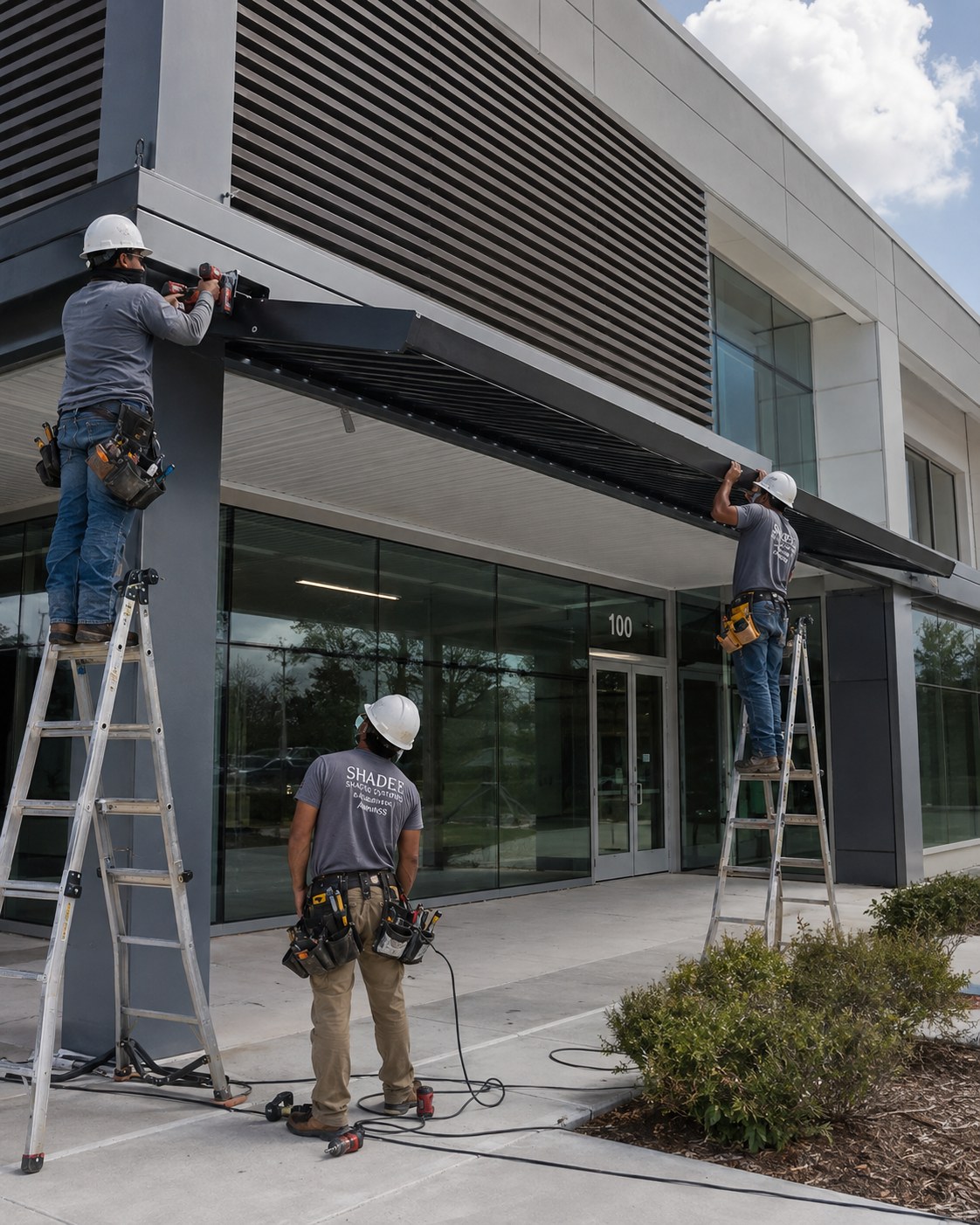 Crew installing a metal entrance canopy on a commercial building