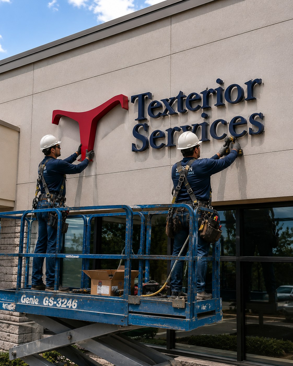 Crew installing Texterior Services channel letter signage from a scissor lift