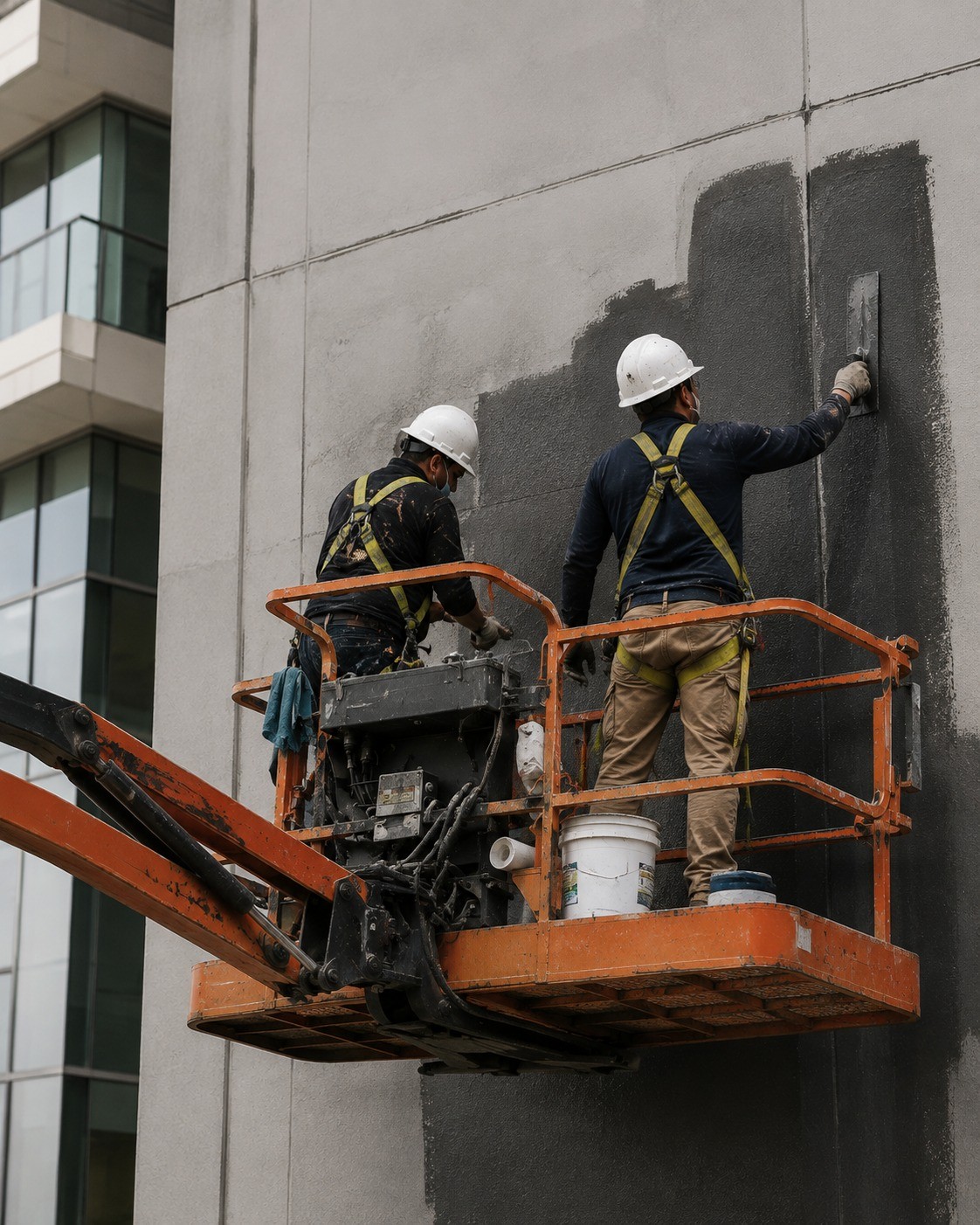 Crew on a boom lift troweling protective coating onto a concrete facade