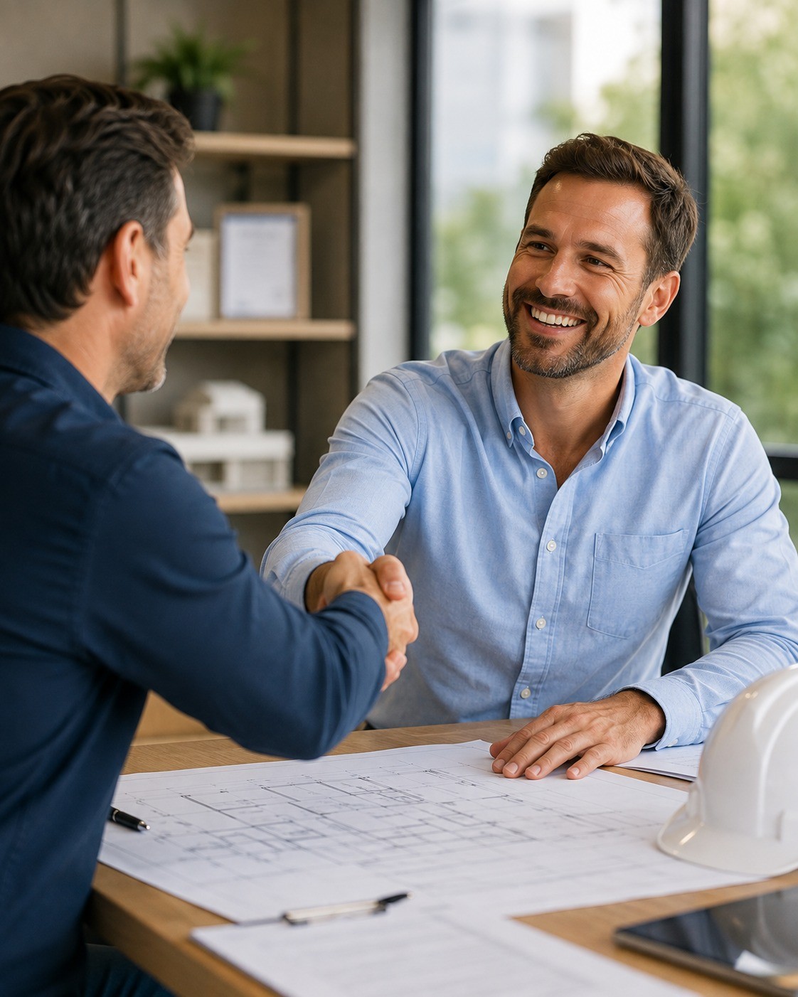 Contractor and client shaking hands over construction drawings at a meeting table