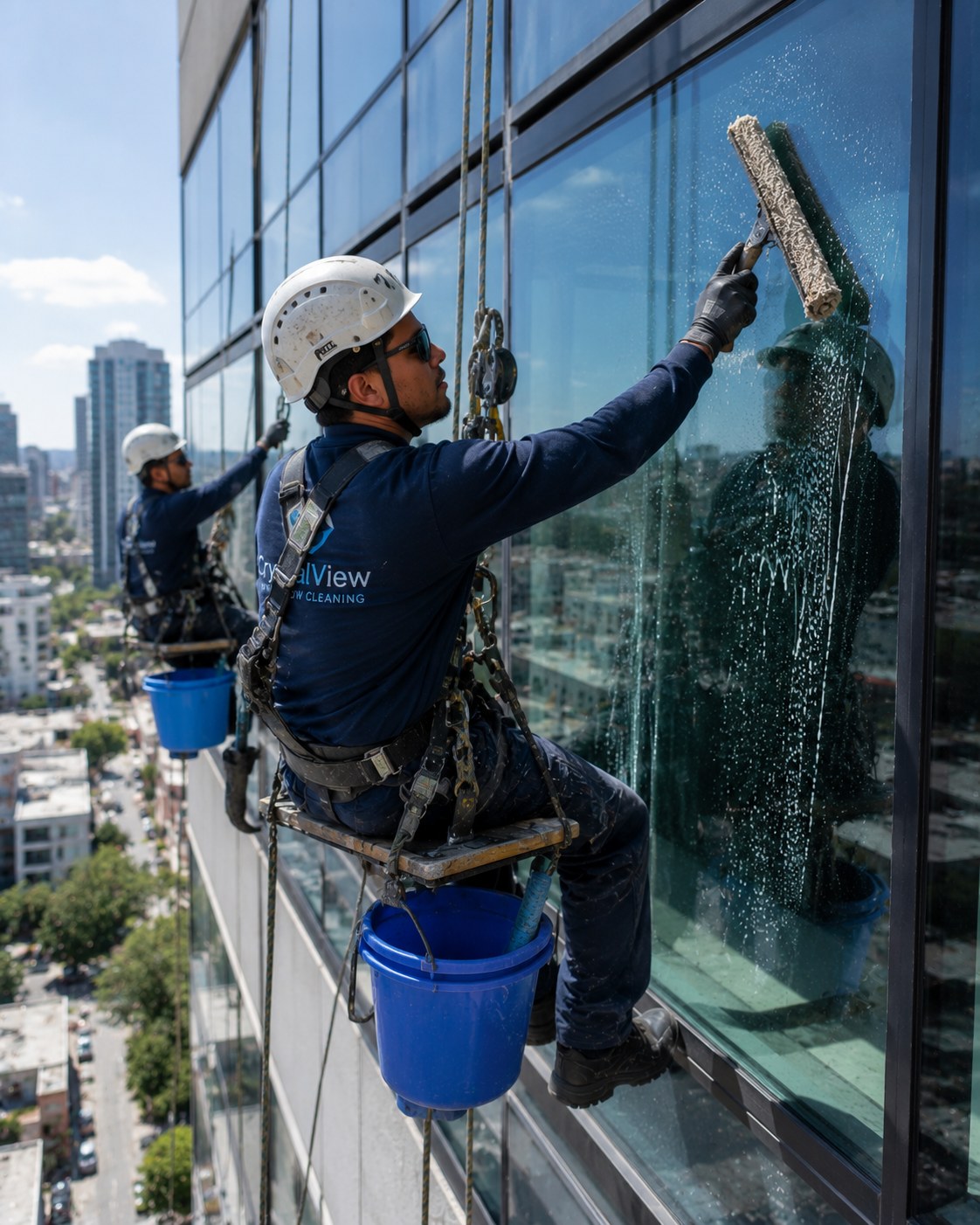 Rope access technicians cleaning a high-rise glass façade